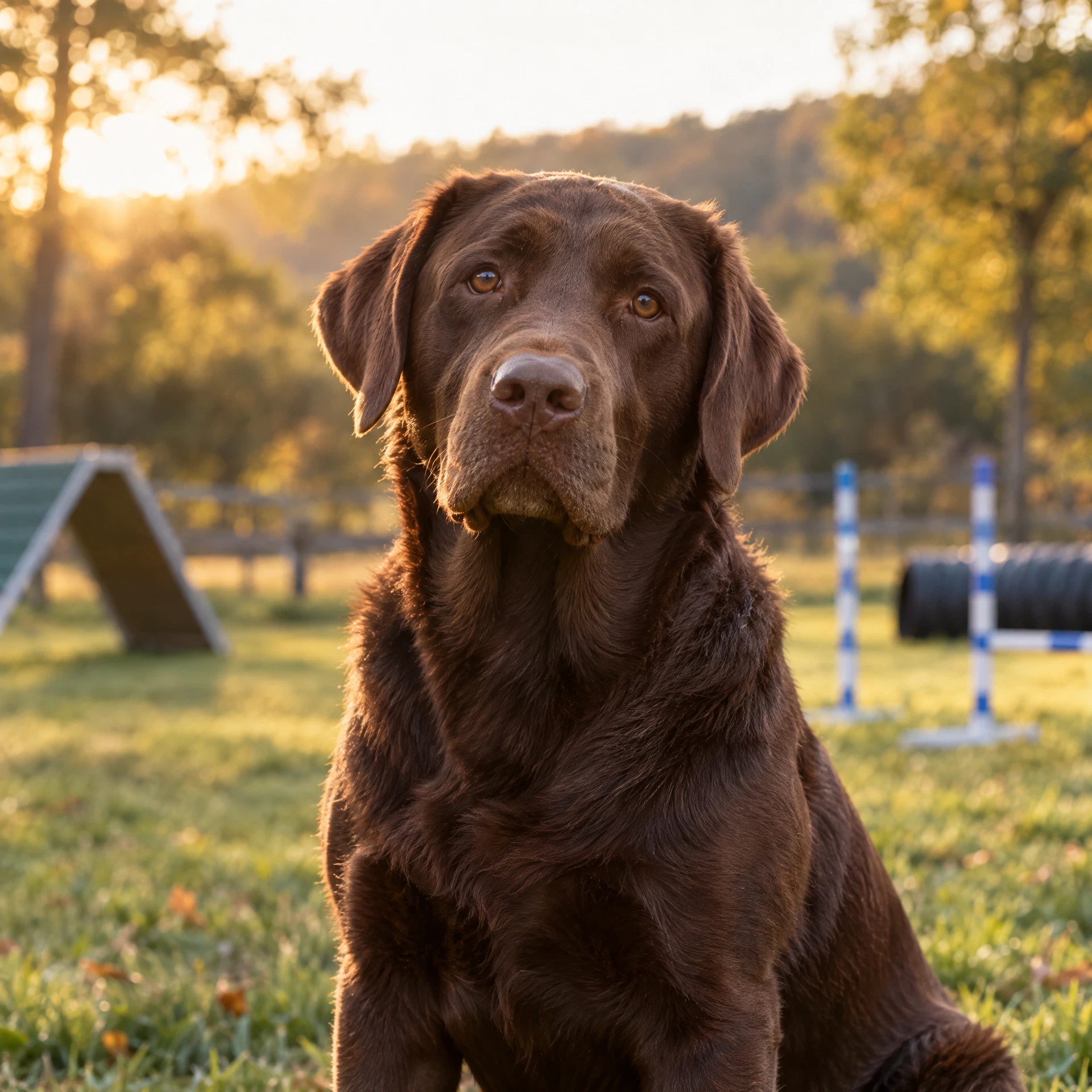 Bruno, Labrador chocolate, tranquilo en el campo de entrenamiento
