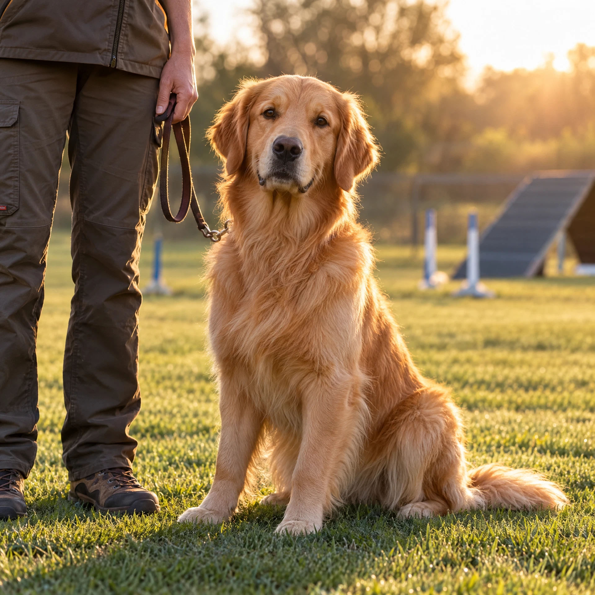 Max, Golden Retriever, atento junto a su entrenador